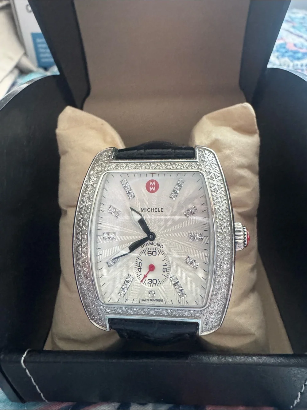 MICHELE Urban Diamond Ladies Watch with Black Leather Strap